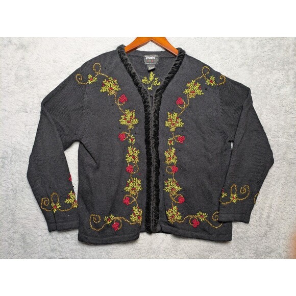 Vintage Studio Joy Christmas Sweater Women's L Velvet Trim Embroidered Beaded - Picture 1 of 7
